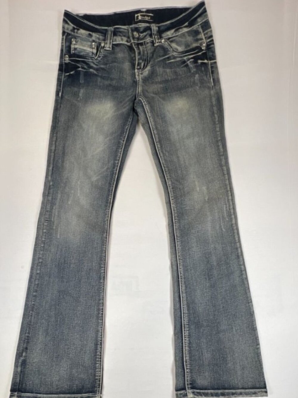 Soundgirl Women’s Size 9 Blue Denim Bootcut Jeans Embellished Pockets Stretch
